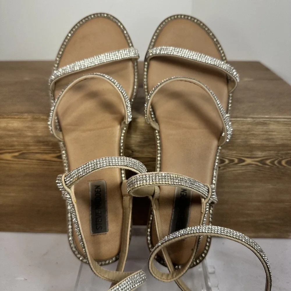 Steve Madden Transport-R Rhinestone Flat Sandals SZ 9 Sparkle Gladiator Y2K Nude